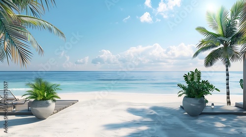 The perfect summer day. A beautiful beach with white sand and crystal clear water. The sun is shining and there are a few palm trees on the beach.