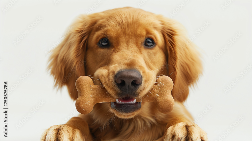 Jeune chien ou chiot de race golden retriever mange un os, animal mignon en 3D réaliste sur fond