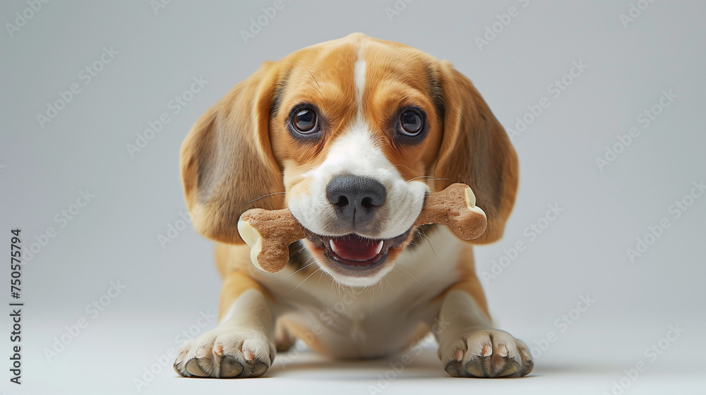 Jeune chien ou chiot de race beagle mange un os, animal mignon en 3D réaliste sur fond blanc