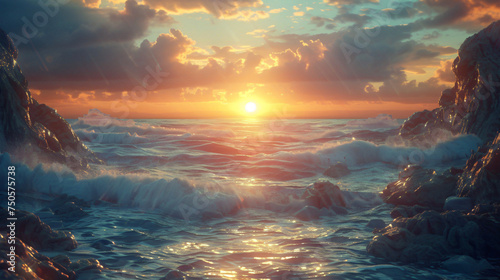 The sun sets over the ocean with rocks and waves.