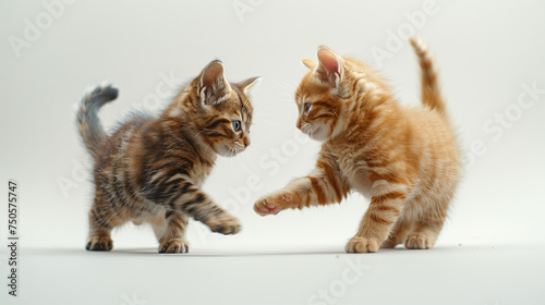 Deux chatons jouant ensemble, un chaton tabby rayé et un chaton roux, arrière-plan blanc photo