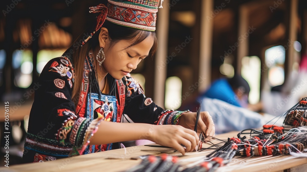 The ethnic Iban Lady doing a crafting at Sarawak Culture Village for tourist to see the unique culture in Sarawak.


 - obrazy, fototapety, plakaty 