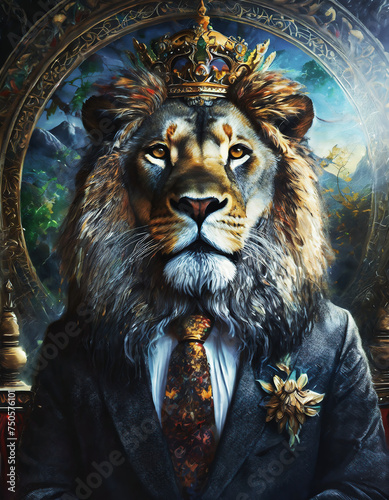 Anthropomorphic lion in a victorian style suit posing front of an elegant painting