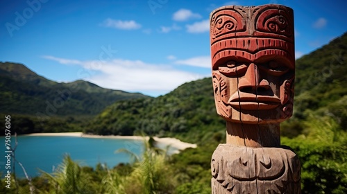 Traditional ancient red wooden Maori sculpture figure in Abel Tasman National Park Tasman South Island New Zealand.



