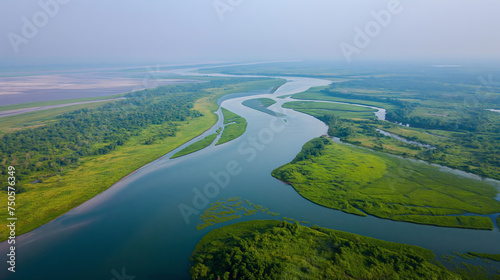 Aerial view of a winding river flowing through a lush green forest © PrabhjitSingh