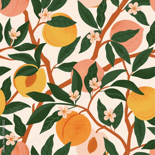 Peach or apricot branch seamless pattern. Hand drawn fruit and sliced pieces. Summer tropical blooming background. Vector fruit design for label, fabric, packaging. Seamless surface design.