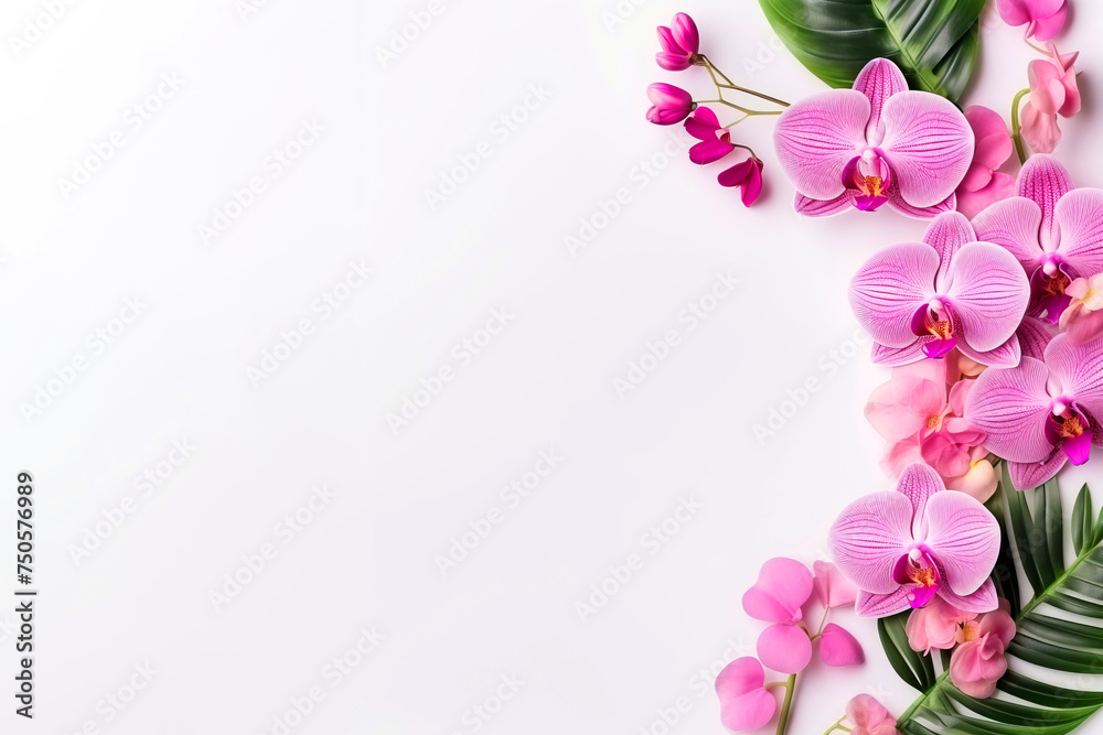 pink orchids and green leaves on a white background