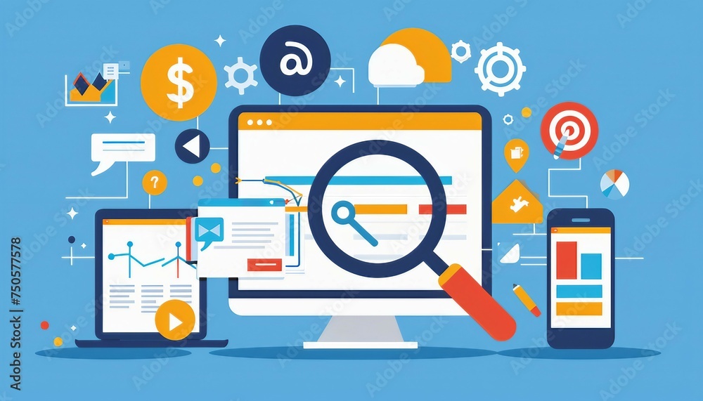 Search Engine Optimization (SEO) Strategies, SEO strategies with an image showing marketers optimizing website content, AI - obrazy, fototapety, plakaty 
