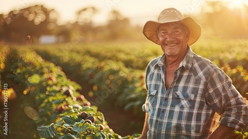 a farmer as they smile for the camera against the backdrop of their lush, sun-kissed field, conveying a sense of satisfaction and connection to the land.
