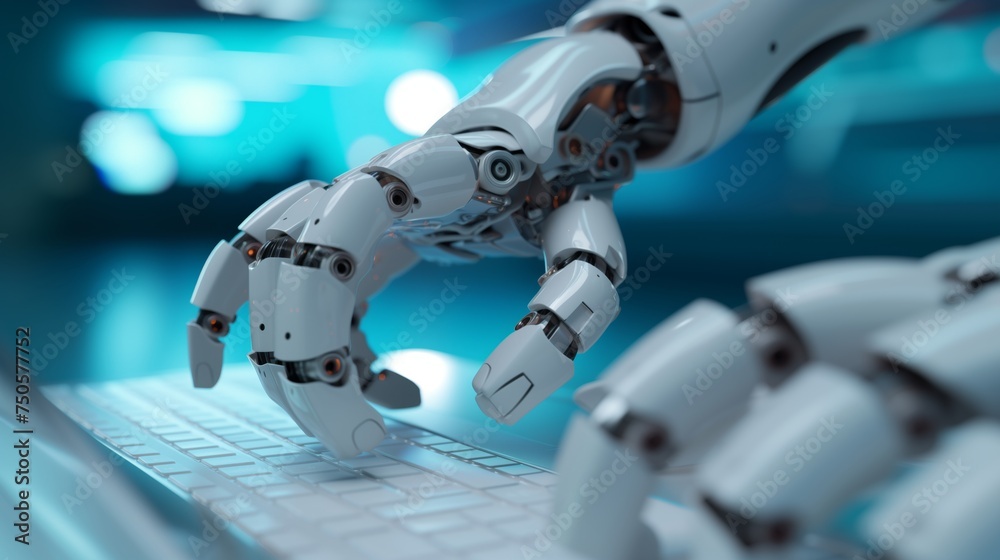 Futuristic robotic hand interacting with a computer keyboard, depicting the advancement of AI and robotics in modern technology and automation.