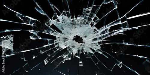 Cracks on the glass on a white background,vBullet hole in the glass. isolated on a black background. 