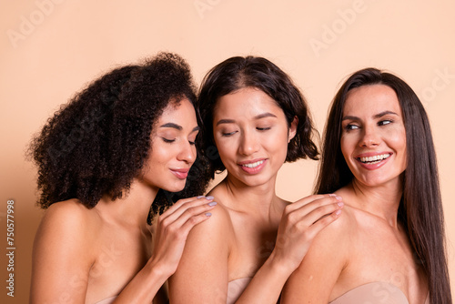 Photo of charming adorable women wear lingerie no retouch acne skin touching shoulders isolated pastel beige color background