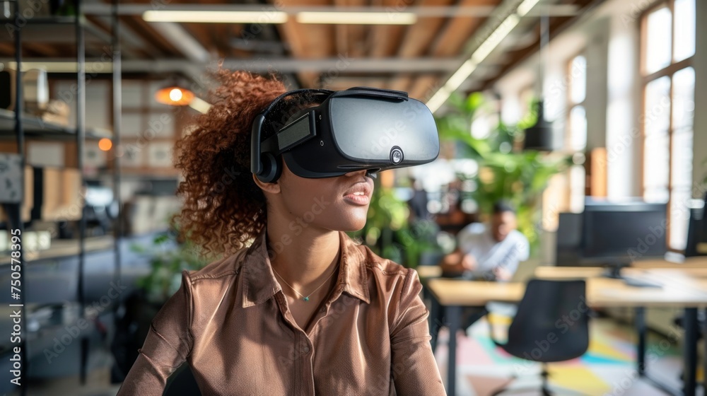 Woman experiencing virtual reality headset in modern office, representing technological innovation and immersive digital experiences. Woman experiencing virtual reality headset in modern office, representing technological innovation and immersive digital experiences.