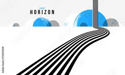 Fototapeta Naklejka Na Ścianę i Meble -  Linear composition vector road to horizon, abstract background with lines in 3D perspective, optical illusion op art, black and blue colors.