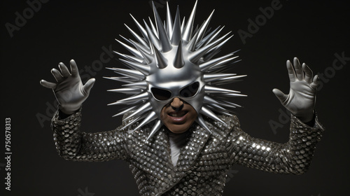 A disco dancer with spiky mask and silver costumer