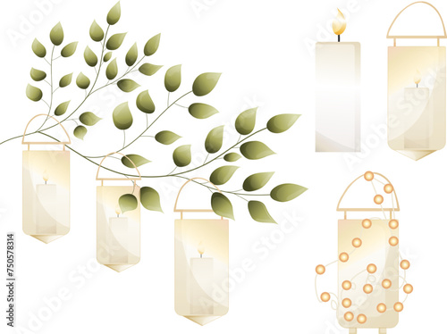 Set of various silhouette lantern, hanging lamp with candle illustration, icon vector design clipart, vintage retro style