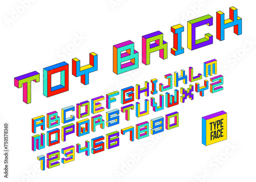 Child constructor colorful minimal 3D square vector font, dimensional cubic letters and numbers alphabet in toy style, block multicolored geometric simplistic typography.
