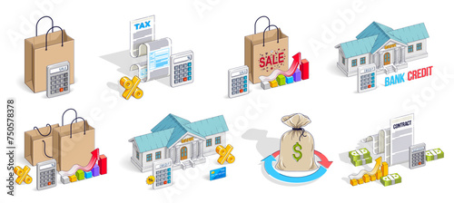 Business and finance concepts 3D vector illustrations set isolated on white background, money theme conceptual design collection, savings, bank, contract, income, safety, online.