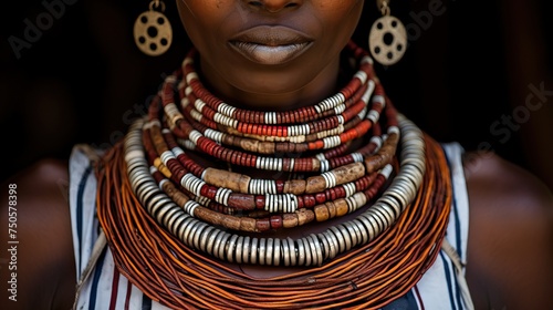 Africa, Ethiopia, Southern Omo Valley, Nyangton Tribe, Detail of a Nyangton woman's heavy bead necklace.


 photo