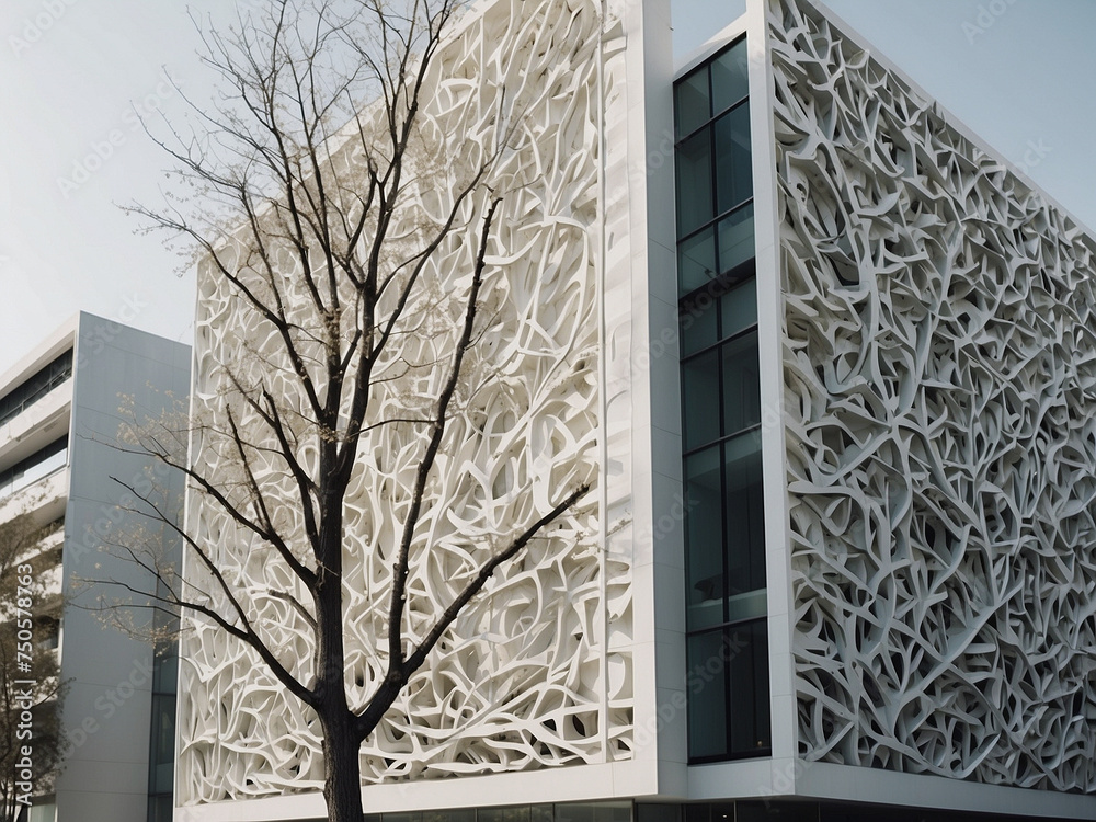 Nature's Embrace, Futuristic Building Cloaked in Tree Like Facade Design.