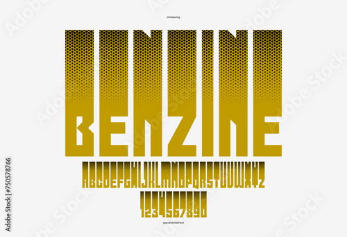 Halftone dotted futuristic cyberpunk font for logos and posters, vector brutal industrial typeface alphabet letters and numbers, urban technic future typography.