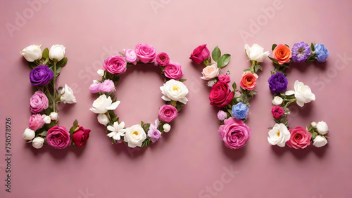 LOVE word made of flowers and leaves on a pink background. Wedding invitation design, Valentine's day greeting card. AI generated.