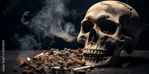 A skull with a cigarette in its mouth on a black background symbolizing antismoking efforts
 photo