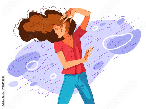 Young woman in life troubles vector illustration, struggle with problems, stress and anxiety, girl desperate.