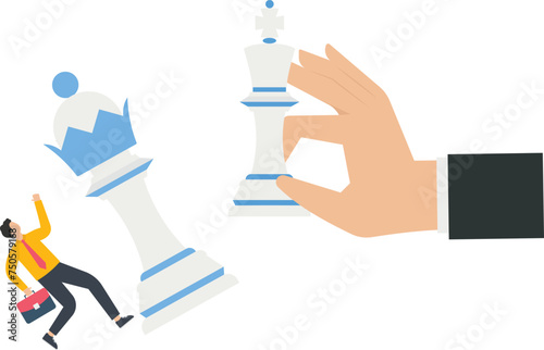Big hand holds the chess pieces to fall down the little businessman's chess pieces concept,
