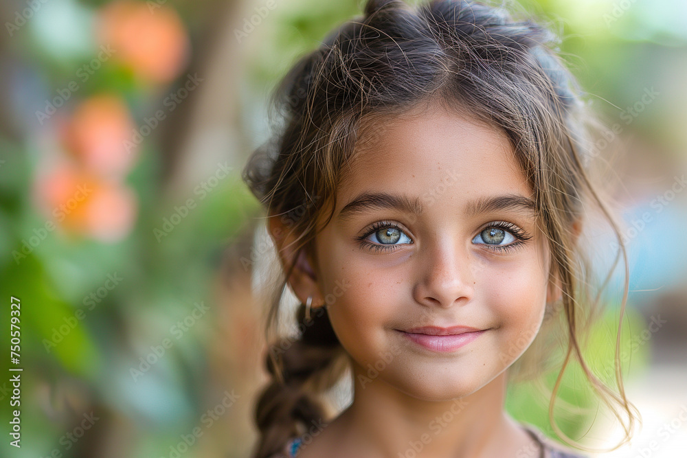 Small Indian smiling girl with beautiful green eyes. Happy childhood. Natural child beauty concept. Selective focus. Copy space