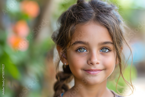 Small Indian smiling girl with beautiful green eyes. Happy childhood. Natural child beauty concept. Selective focus. Copy space