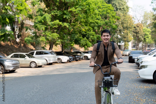 The businessman eco friendly transportation, cycling through the city avenues to go to work. sustainable lifestyle concept