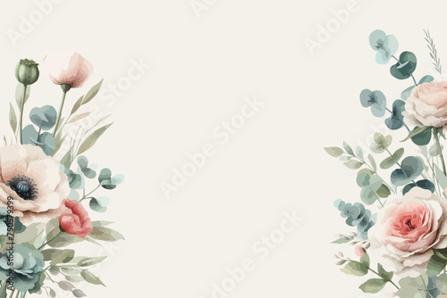 Horizontal watercolor floral backdrop decorated with spring wild flowers and leaves border.