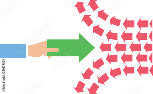 Huge hand holding a red arrow to break the forward trajectory of a bunch of small arrows concept,
