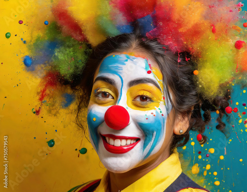 Portrait of a funny woman clown with a red nose on a yellow background with vibrant splashes of color