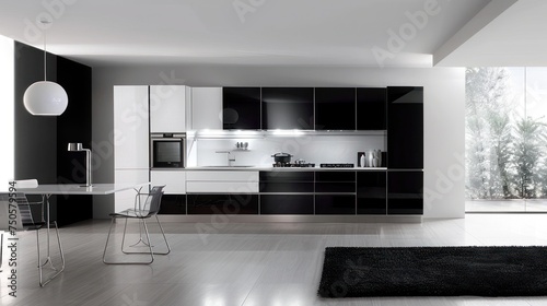 Minimalist modern clean kitchen interior model white and black colors. Generated AI image