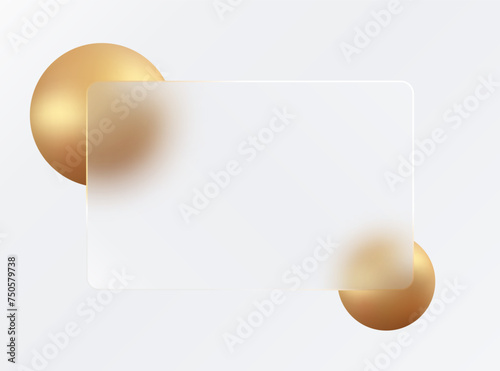 Rectangular banner or card made of transparent frosted glass. Golden spheres on a white background. A realistic form of glass morphism.