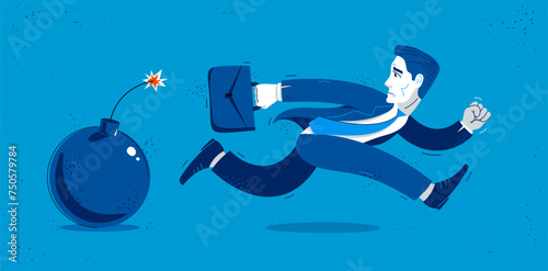 Business man run from a bomb symbolizes problems such as debt crisis or taxes vector illustration, funny comic cute cartoon businessman worker or employee in a rush.