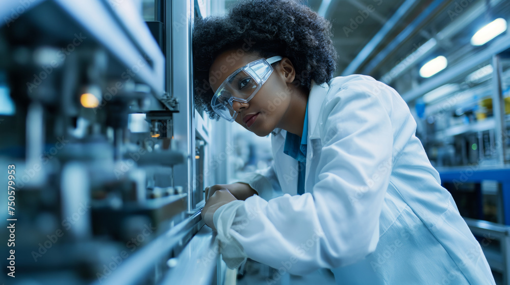 Female Engineer Examining Machine Part on Production Line Female Engineer Examining Machine Part on Production Line