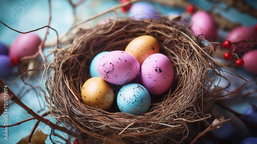 Pastel color Easter eggs in a nest, hyperrealistic photo