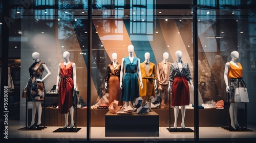 Boutique display window with mannequins in fashionable dresses.


