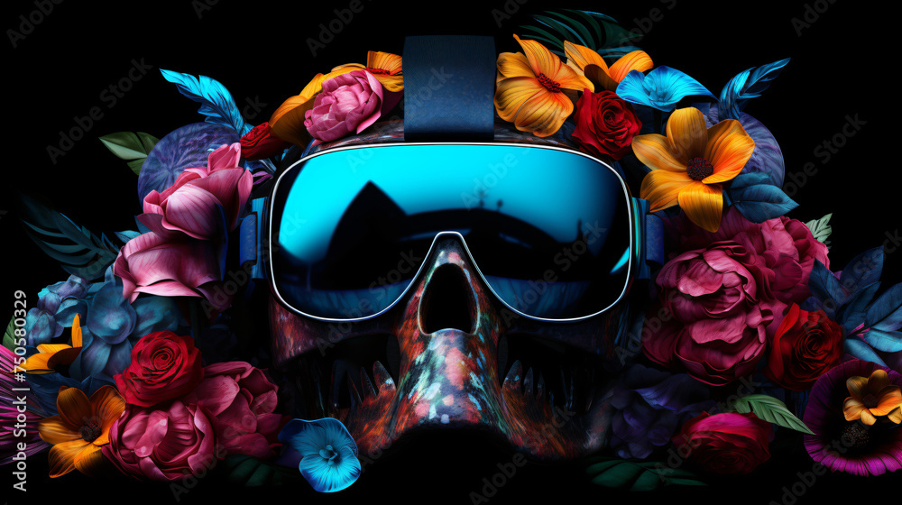 A skull in virtual reality glasses colorful flower