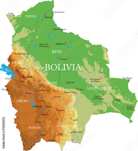 Bolivia-highly detailed physical map photo