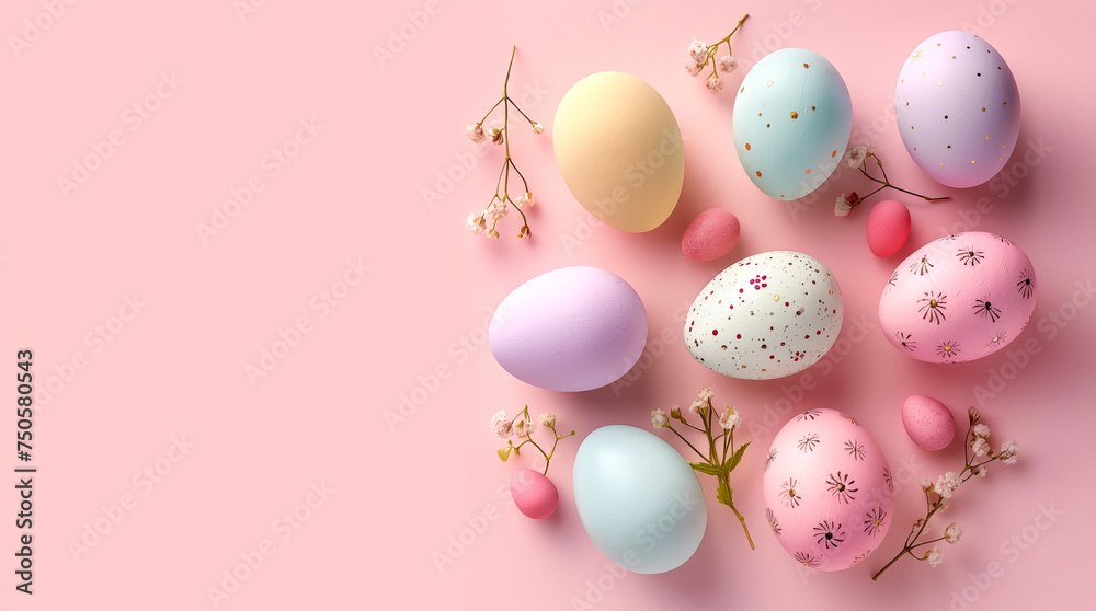Happy Easter vertical greeting banner. Bright color decorated easter eggs on the pastel background, 3D illustration.