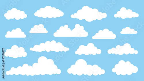 Collection of different abstract flat cartoon fluffy clouds isolated on blue sky panorama vector illustration. Weather forecast symbols set. Outdoor nature, spring weather cloudscape