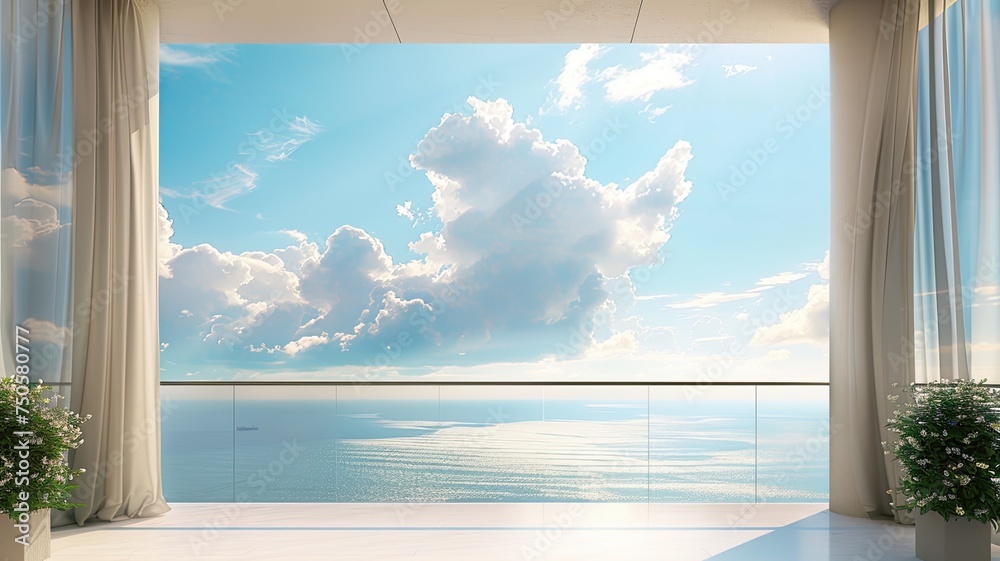 the sky as viewed from a balcony, presenting it in the style of detailed drapery, offering a serene and picturesque backdrop reminiscent of oceanic vistas.