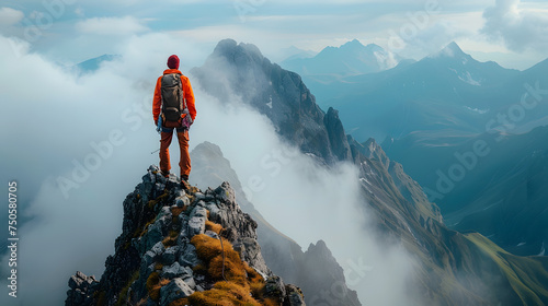 A solitary mountain climber, with vast alpine vistas as the background, during an early morning ascent