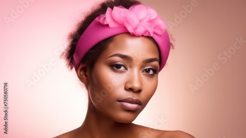 A beautiful girl of African appearance with a pink decoration on her head.