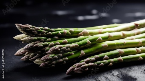 Green asparagus lies in a bunch on a dark background.