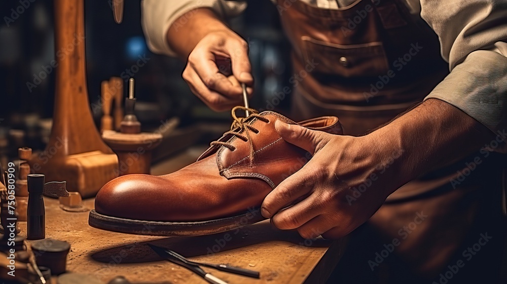 Close up of cobbler making shoes with a hammer in a shoe repair shop.


 - obrazy, fototapety, plakaty 